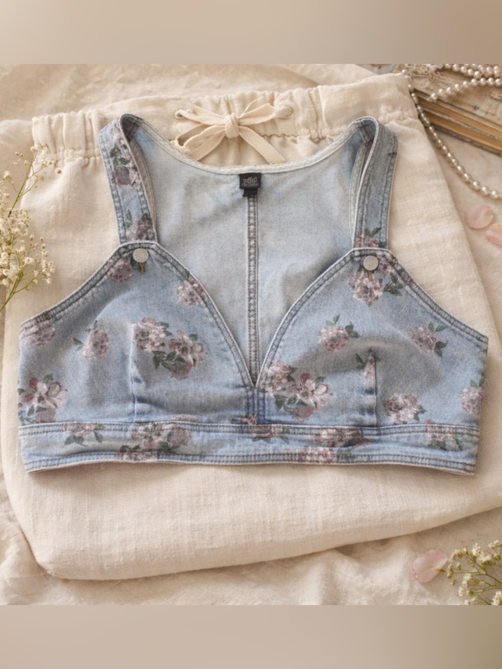 Wild Fable Floral Denim Bralette Crop Top Y2K Cottagecore Coquette